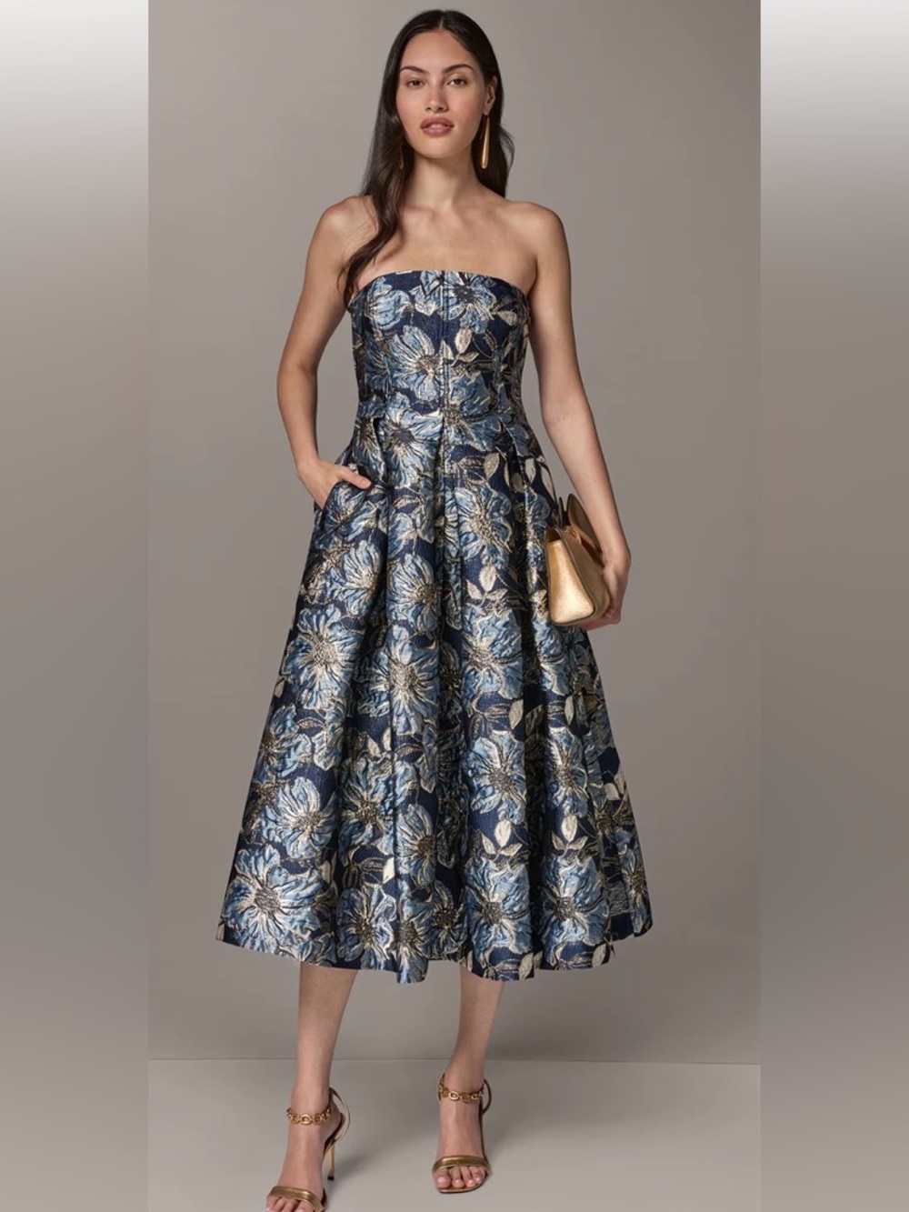 NWT Donna Karan FLoral Nightfall Brocade Strapless Midi / Ankle Gown 8